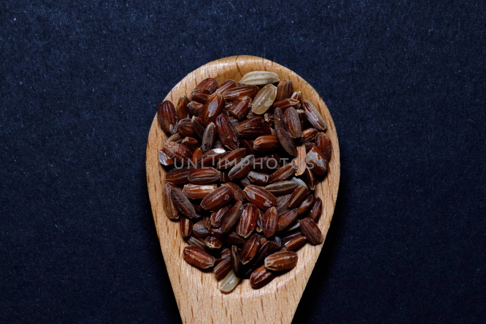 Black wild rice on a wooden spoon on black background. Negative space and copy space. Concept of healthy food.