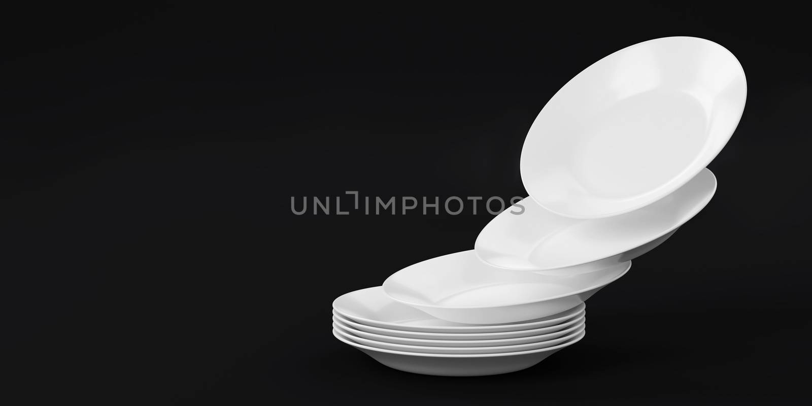 White plates falling isolated on black background. Set of empty ceramic dish. Stacked kitchen tableware. 3D rendering 