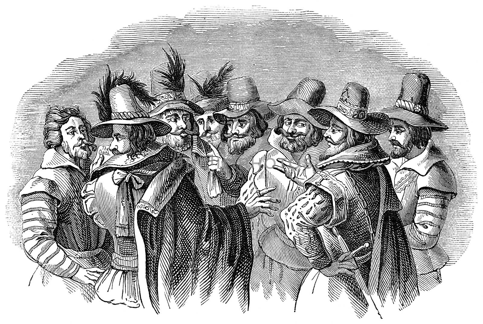 An engraved illustration image of Guy Fawkes and his accomplices. The conspirators of the 5th of November Gunpowder plot on Bonfire Night, from a Victorian book dated 1878 that is no longer in copyright