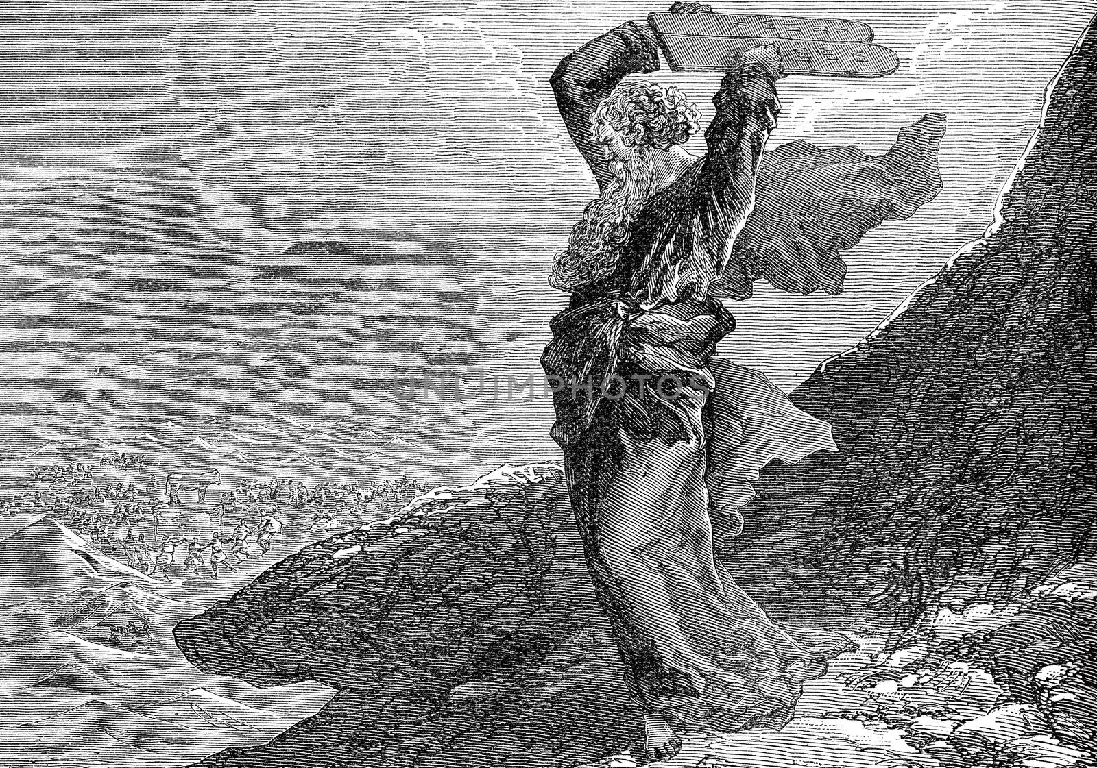 An engraved illustration image of Moses breaking the two tablets of stone, from a vintage Victorian book dated 1883 that is no longer in copyright