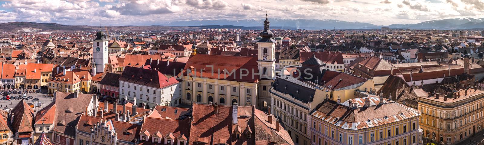 Sibiu, Romania - March 09, 2019. Aerial view from Saint Mary Lutheran Cathedral in Sibiu city in Romania