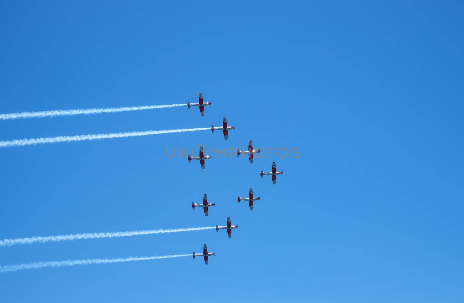 Torre del Mar, Spain - July 29, 2018. Aircrafts aerobatic group performing a demonstration flight at Festival Aereo International Torre del Mar, Malaga region, Spain