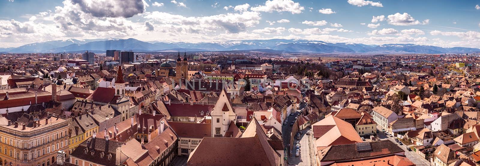 Sibiu, Romania - March 09, 2019. Aerial view from Saint Mary Lutheran Cathedral in Sibiu city, Romania