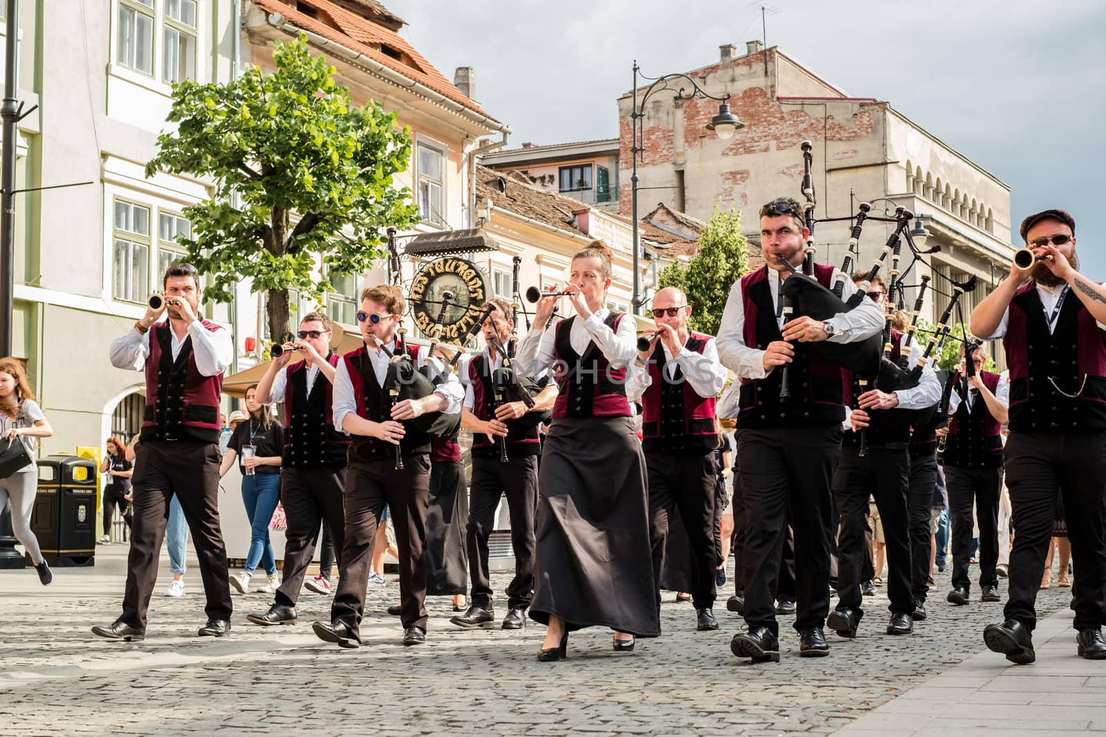 Sibiu City, Romania - 21 June 2019. The Bagad Ronsed-Mor from France, performing at the Sibiu International Theatre Festival from Sibiu, Romania.