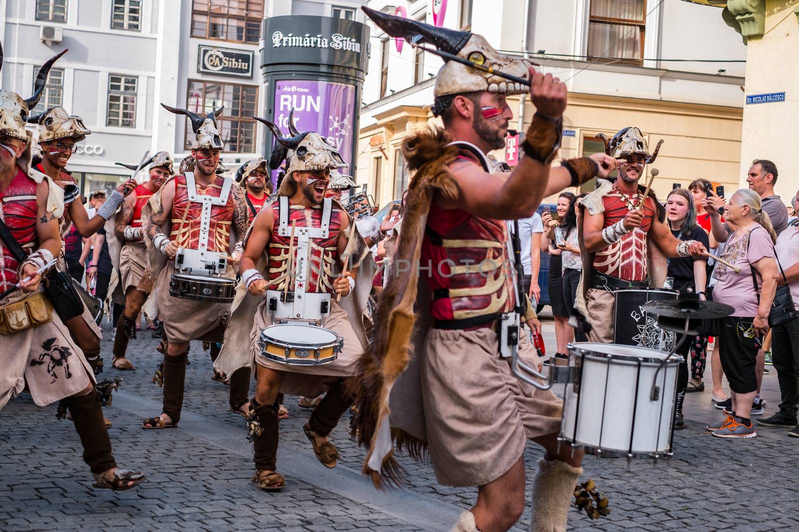 Sibiu City, Romania - 16 June 2019. Batucada Villa Pipol band , Brazilian percussion style of African influences, performing at the Sibiu International Theatre Festival from Sibiu, Romania.