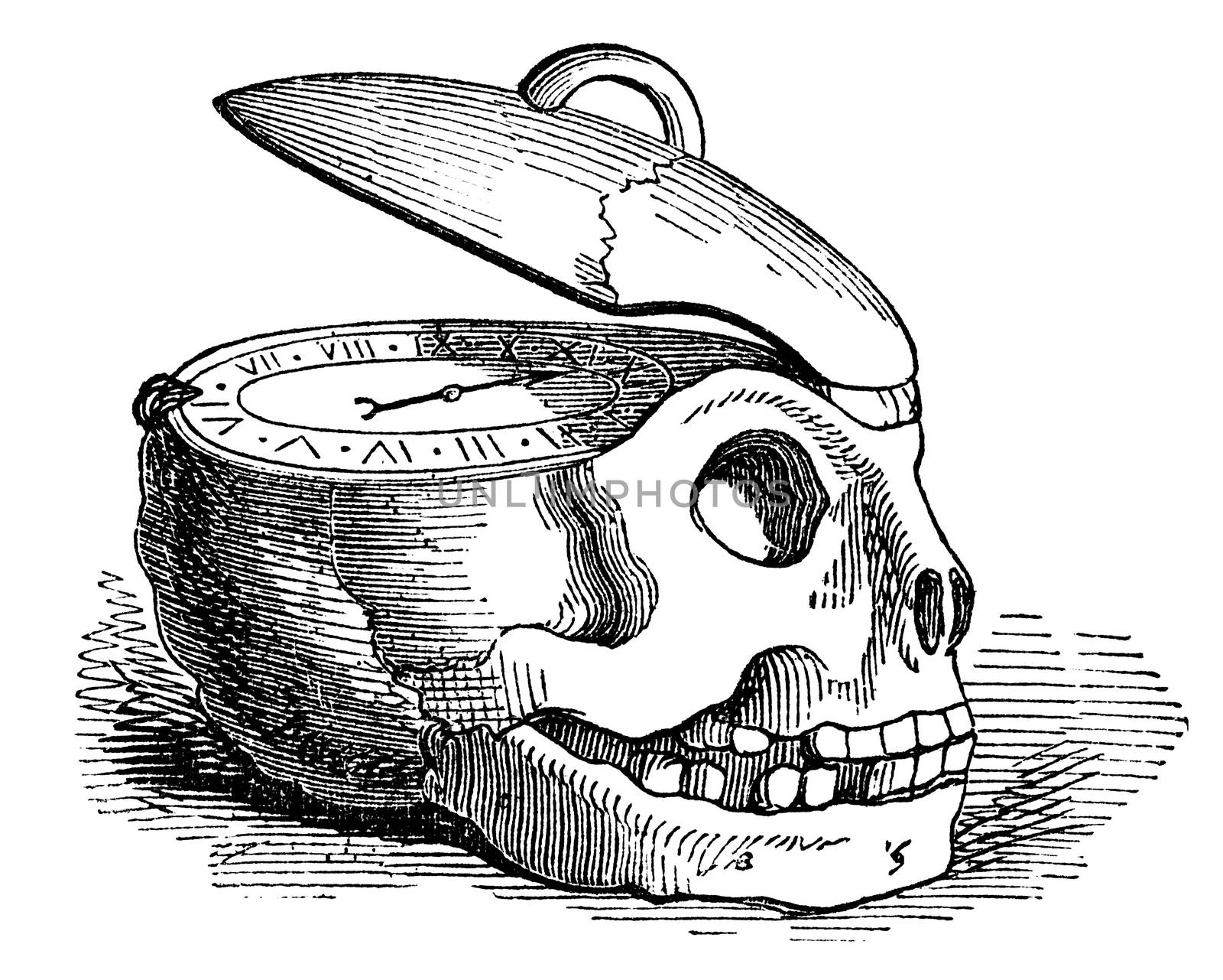 An engraved illustration drawing of a human skull clock watch of the concept of time, from a Victorian book dated 1878 that is no longer in copyright