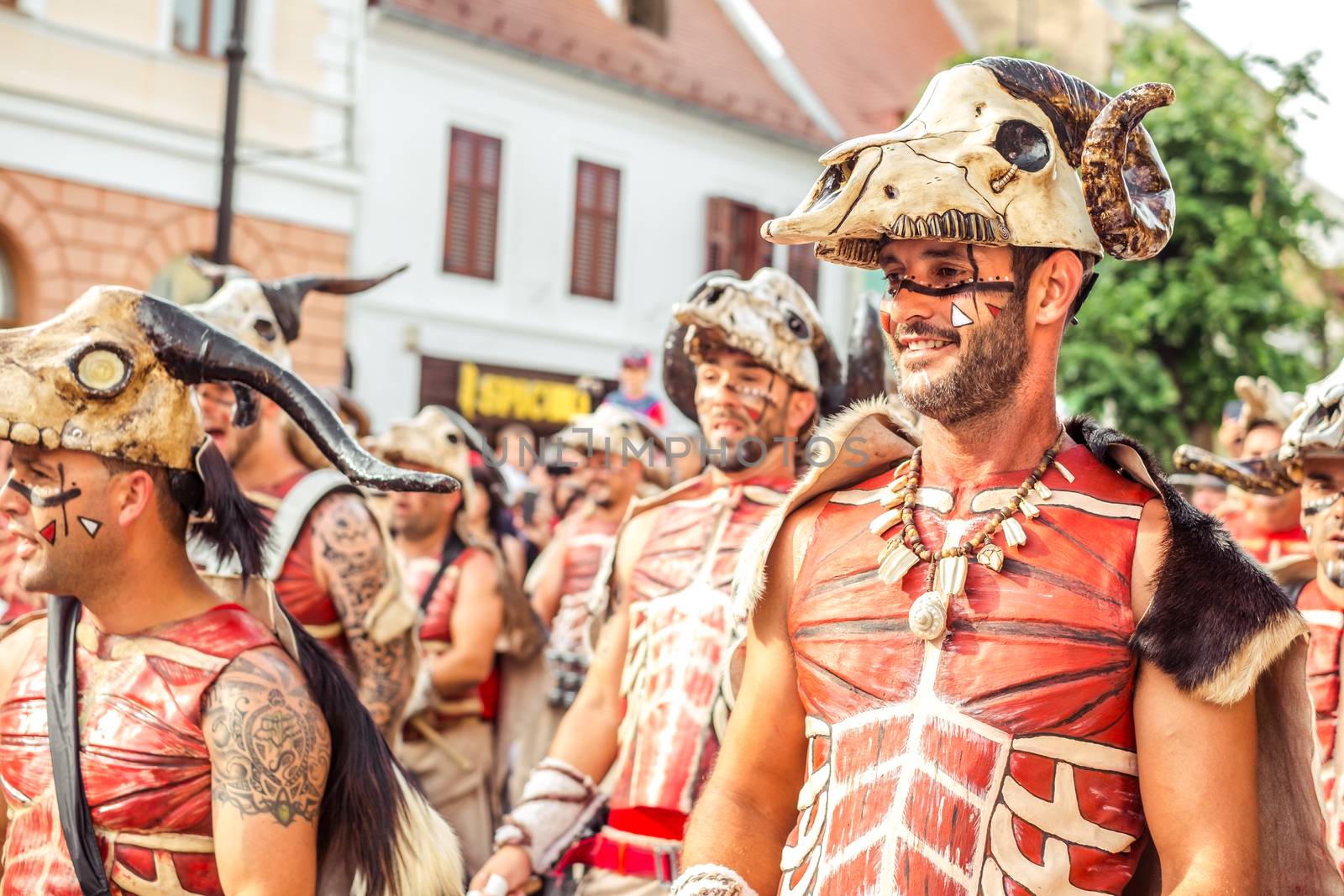 Sibiu City, Romania - 16 June 2019. Batucada Villa Pipol band , Brazilian percussion style of African influences, performing at the Sibiu International Theatre Festival from Sibiu, Romania.