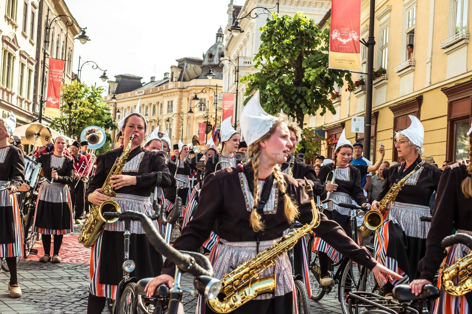 Sibiu City, Romania - 14 June 2019. Crescendo Opende Bicycle Band from Netherlands performing at the Sibiu International Theatre Festival from Sibiu, Romania.