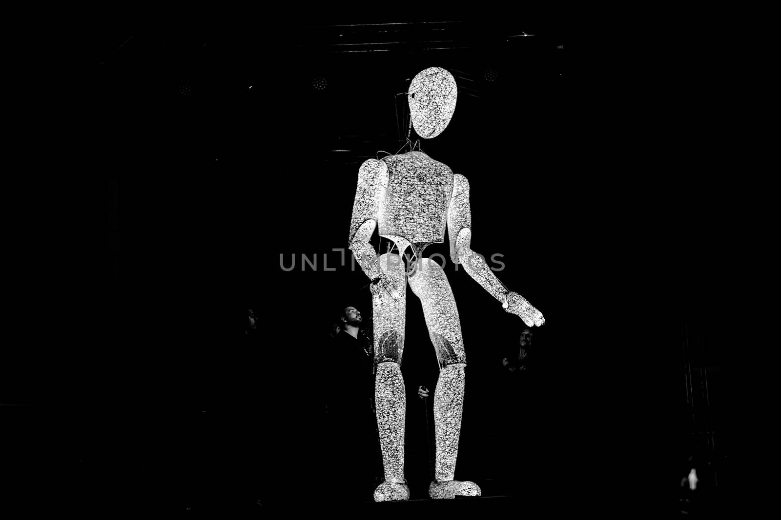 Sibiu City, Romania - 22 June 2019. DUNDU an illuminated large-scale puppet at the Sibiu International Theatre Festival from Sibiu, Romania.
