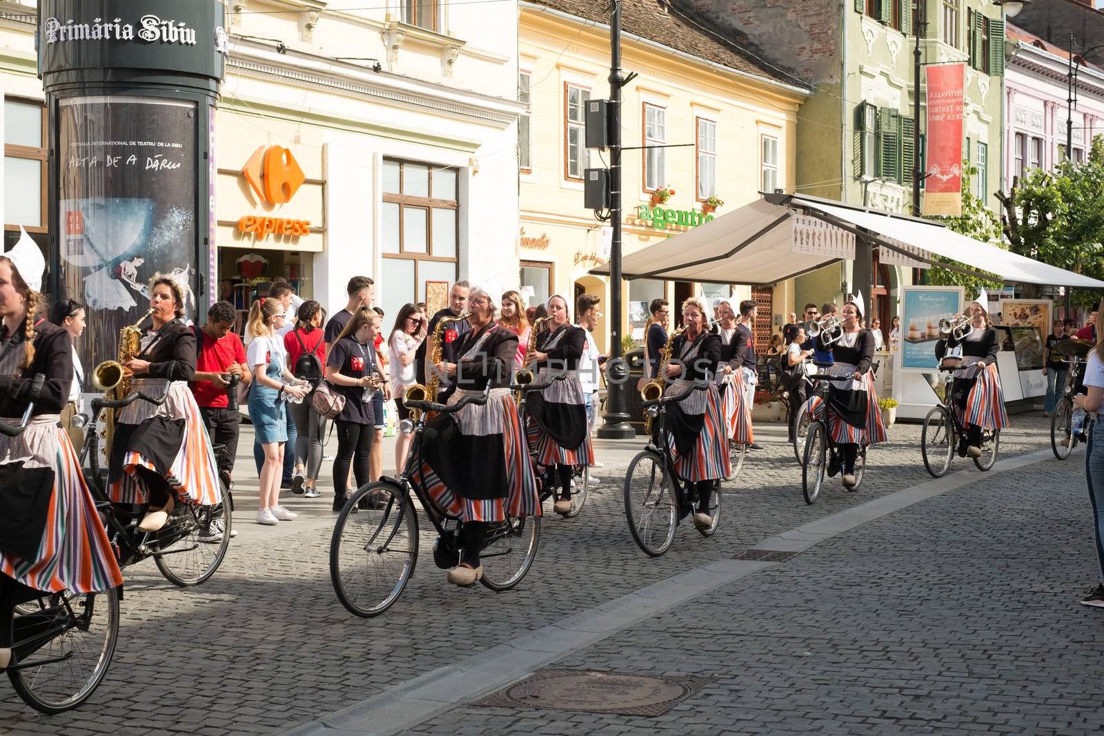 Sibiu City, Romania - 14 June 2019. Crescendo Opende Bicycle Band from Netherlands performing at the Sibiu International Theatre Festival from Sibiu, Romania.