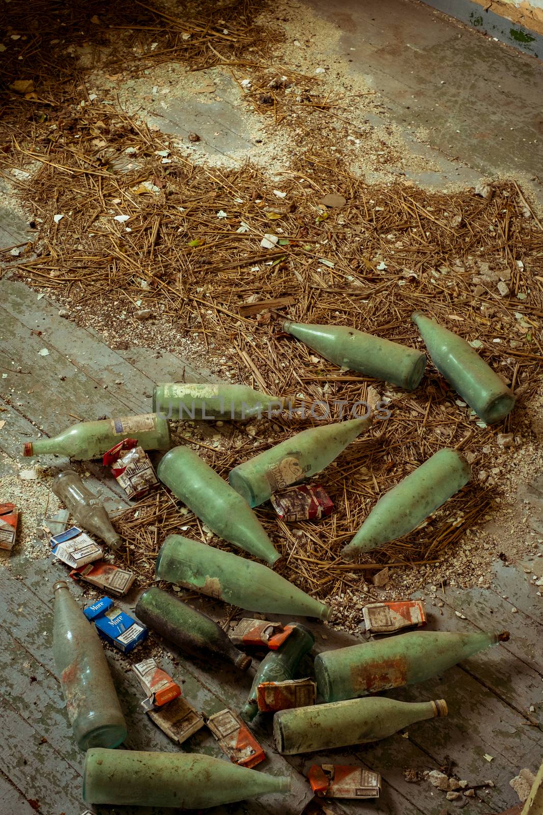 Ruse city, Bulgaria - November 07, 2017. Dusty bottles and packs of cigarettes forgotten over time