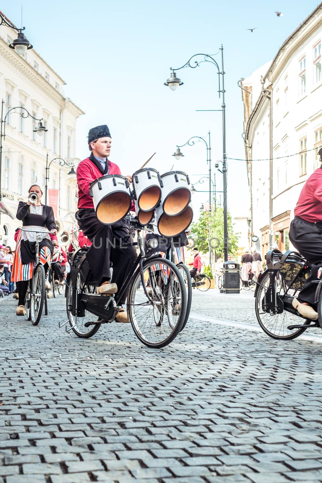 Sibiu City, Romania - 14 June 2019. Crescendo Opende Bicycle Band from Netherlands performing at the Sibiu International Theatre Festival from Sibiu, Romania.