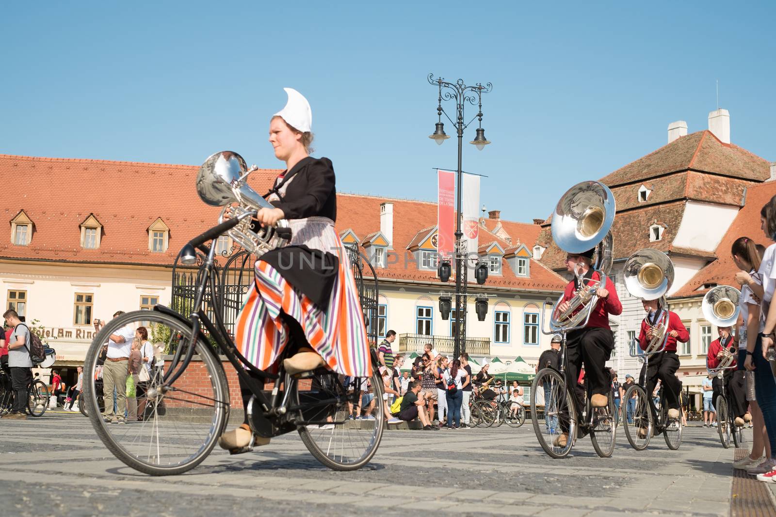 Sibiu City, Romania - 14 June 2019. Crescendo Opende Bicycle Band from Netherlands performing at the Sibiu International Theatre Festival from Sibiu, Romania.