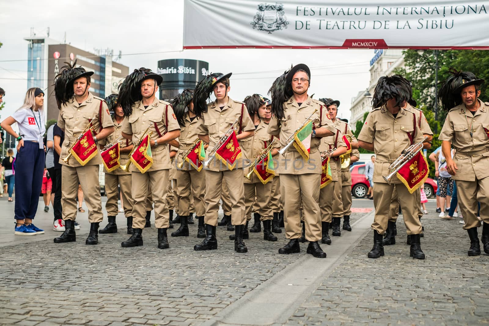 Sibiu City, Romania - 21 June 2019. The Fanfara dei Bersaglieri from Italy, performing at the Sibiu International Theatre Festival from Sibiu, Romania.