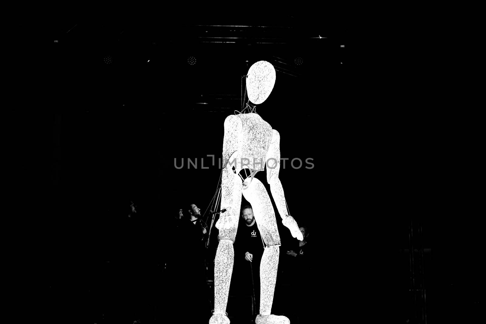 Sibiu City, Romania - 22 June 2019. DUNDU an illuminated large-scale puppet at the Sibiu International Theatre Festival from Sibiu, Romania.