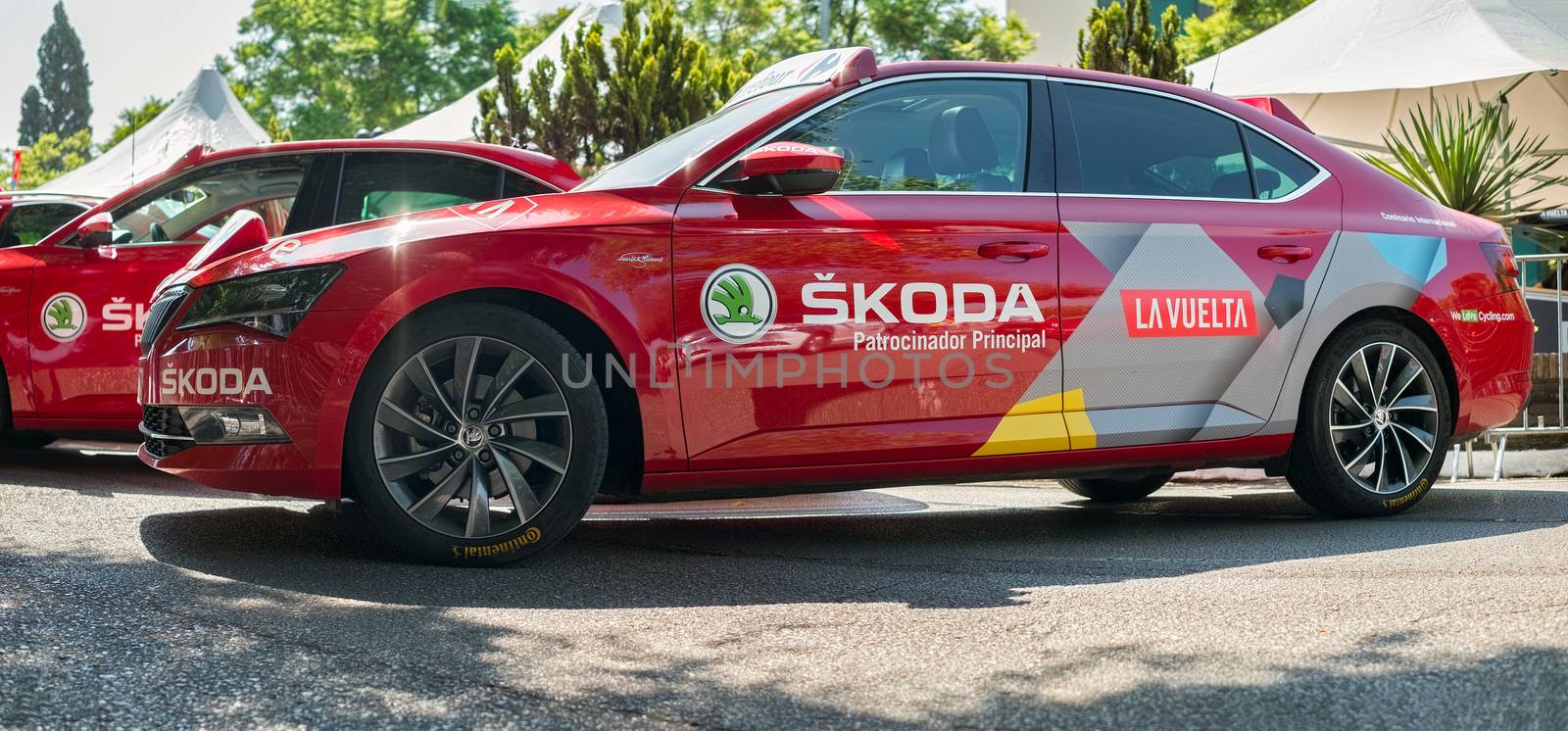 Marbella, Spain - August 26th, 2018. The SKODA advertisement cars parked at the start of the Vuelta de Espana 2018, stage 2, Marbella, Costa del sol, Spain.