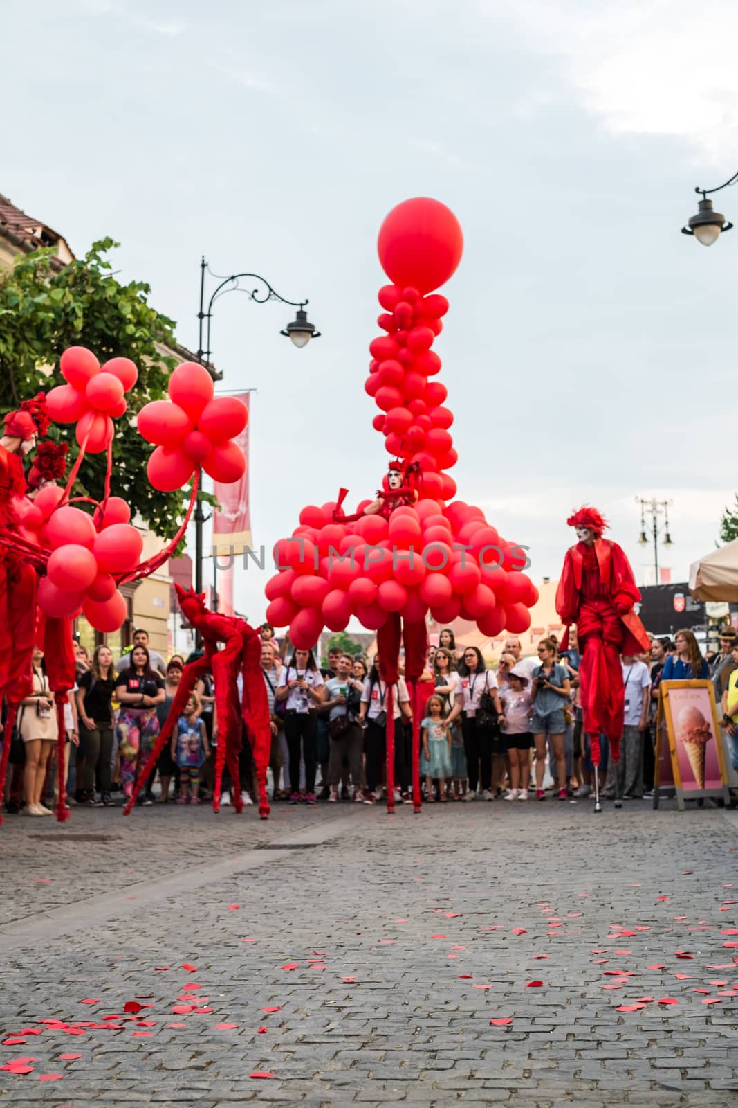 Sibiu City, Romania - 20 June 2019. Mademoiselle Paillette perform Red World show at the Sibiu International Theatre Festival from Sibiu, Romania.