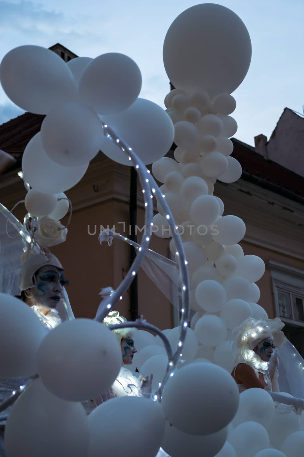 Sibiu City, Romania - 20 June 2019. Mademoiselle Paillette perform White World show in night at the Sibiu International Theatre Festival from Sibiu, Romania.