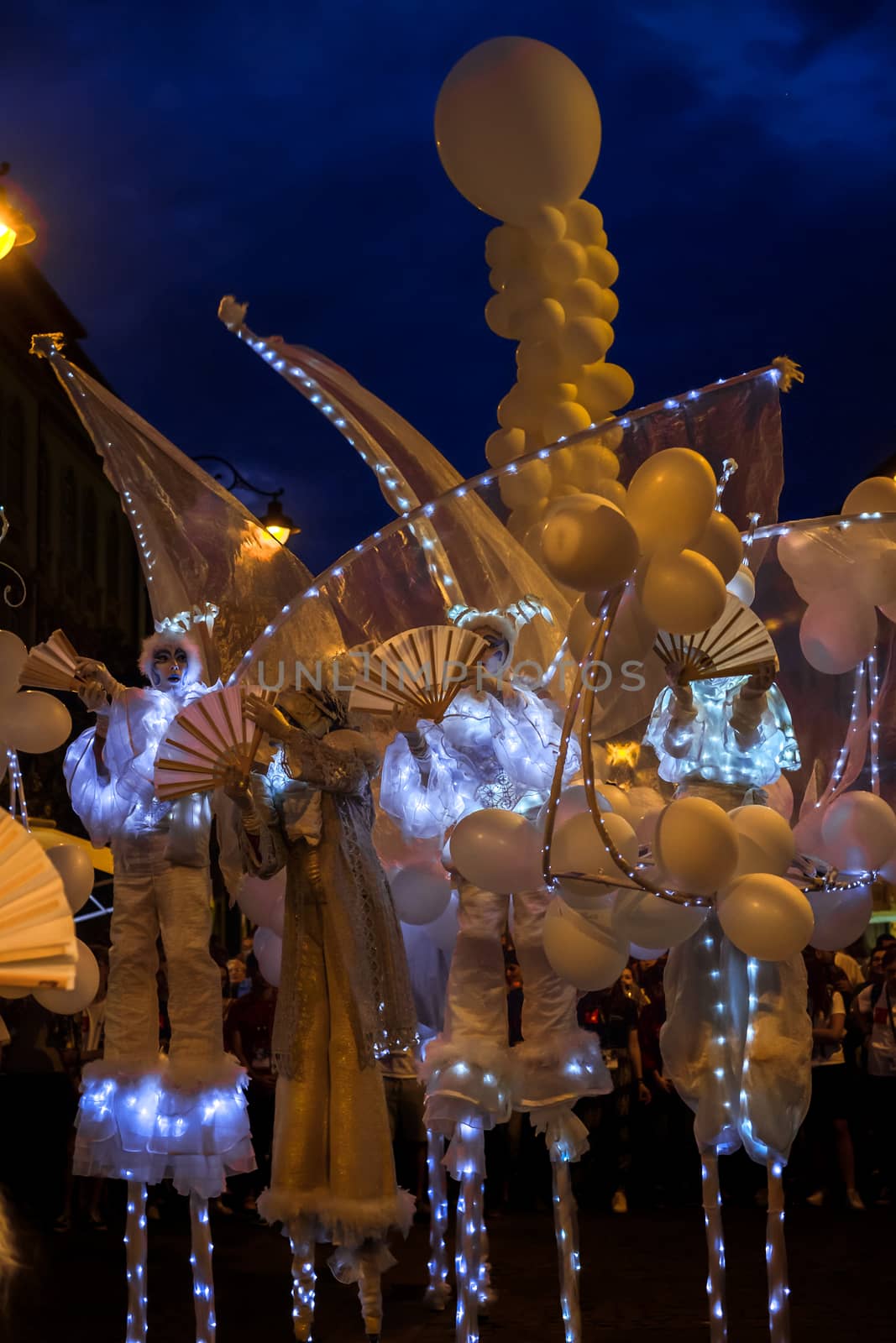 Sibiu City, Romania - 20 June 2019. Mademoiselle Paillette perform White World show in night at the Sibiu International Theatre Festival from Sibiu, Romania.