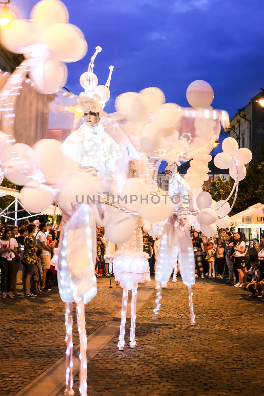 Sibiu City, Romania - 20 June 2019. Mademoiselle Paillette perform White World show in night at the Sibiu International Theatre Festival from Sibiu, Romania.