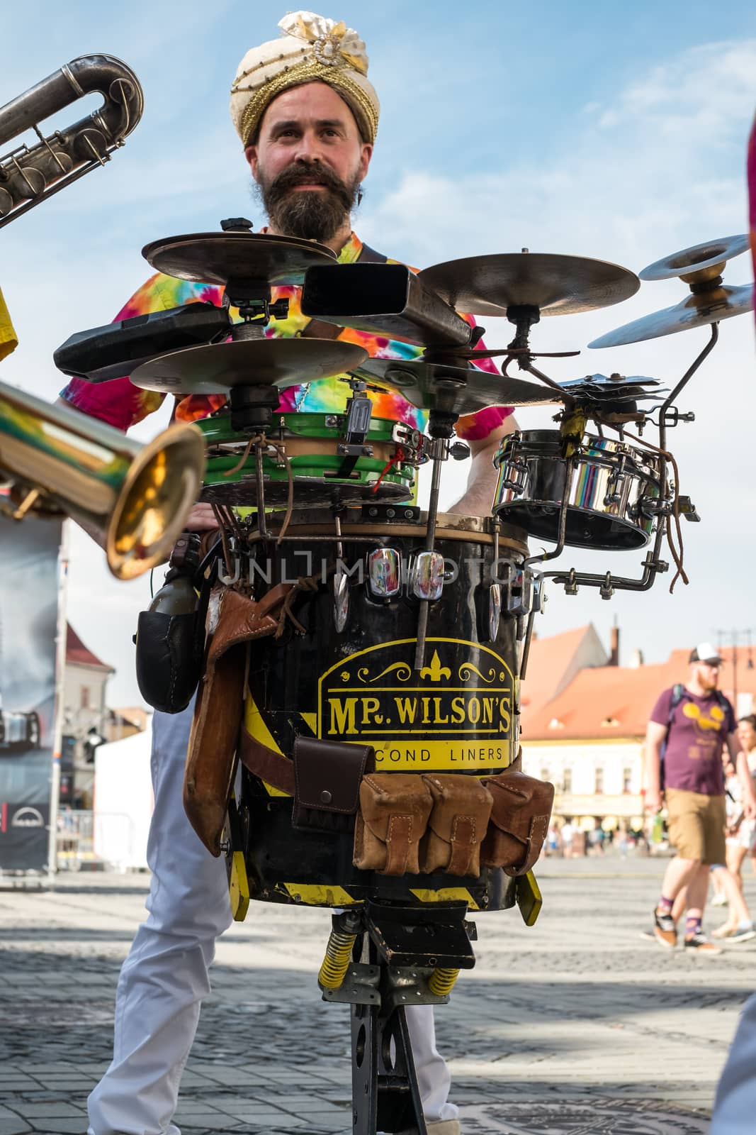 Sibiu City, Romania - 19 June 2019. Mr Wilson's Second Liners from UK, performing at the Sibiu International Theatre Festival from Sibiu, Romania.