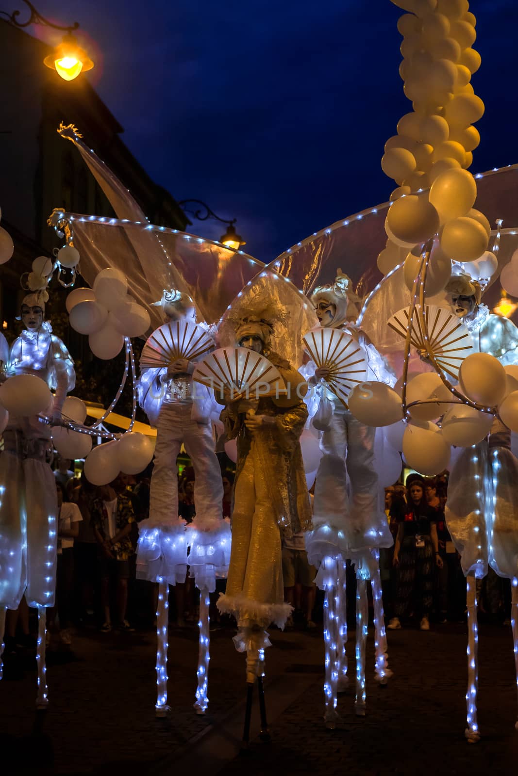 Sibiu City, Romania - 20 June 2019. Mademoiselle Paillette perform White World show in night at the Sibiu International Theatre Festival from Sibiu, Romania.