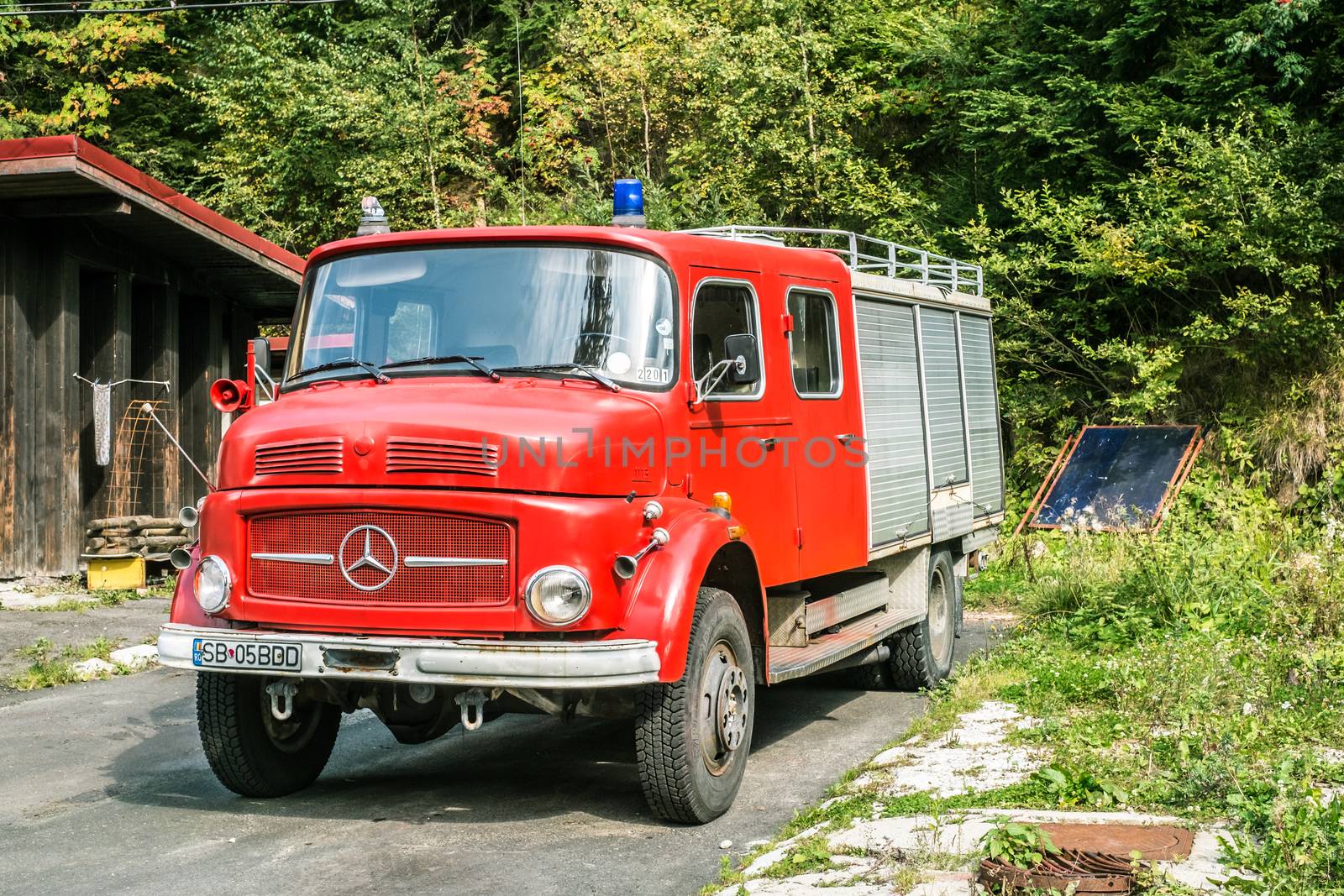 Paltinis, Romania - September 22, 2018. Mercedes-Benz 1113 fire truck manufactured in 1963 parked in the Paltinis resort, Sibiu county, Romania