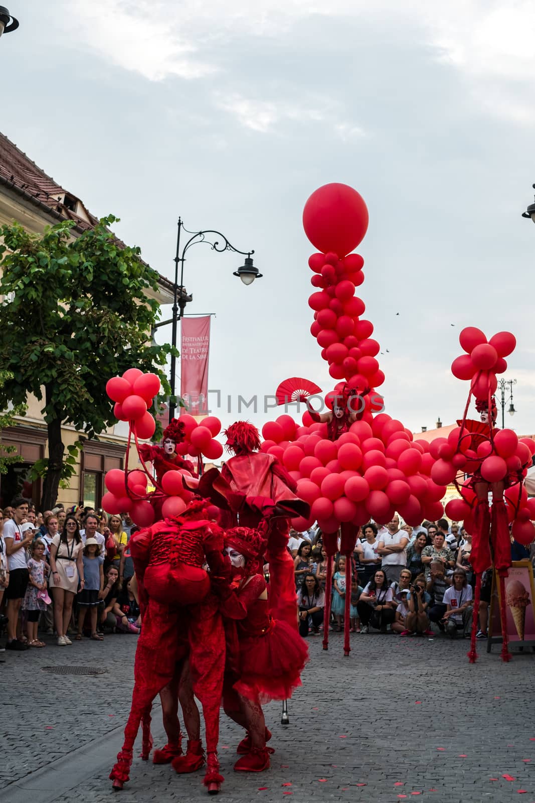 Sibiu City, Romania - 20 June 2019. Mademoiselle Paillette perform Red World show at the Sibiu International Theatre Festival from Sibiu, Romania.