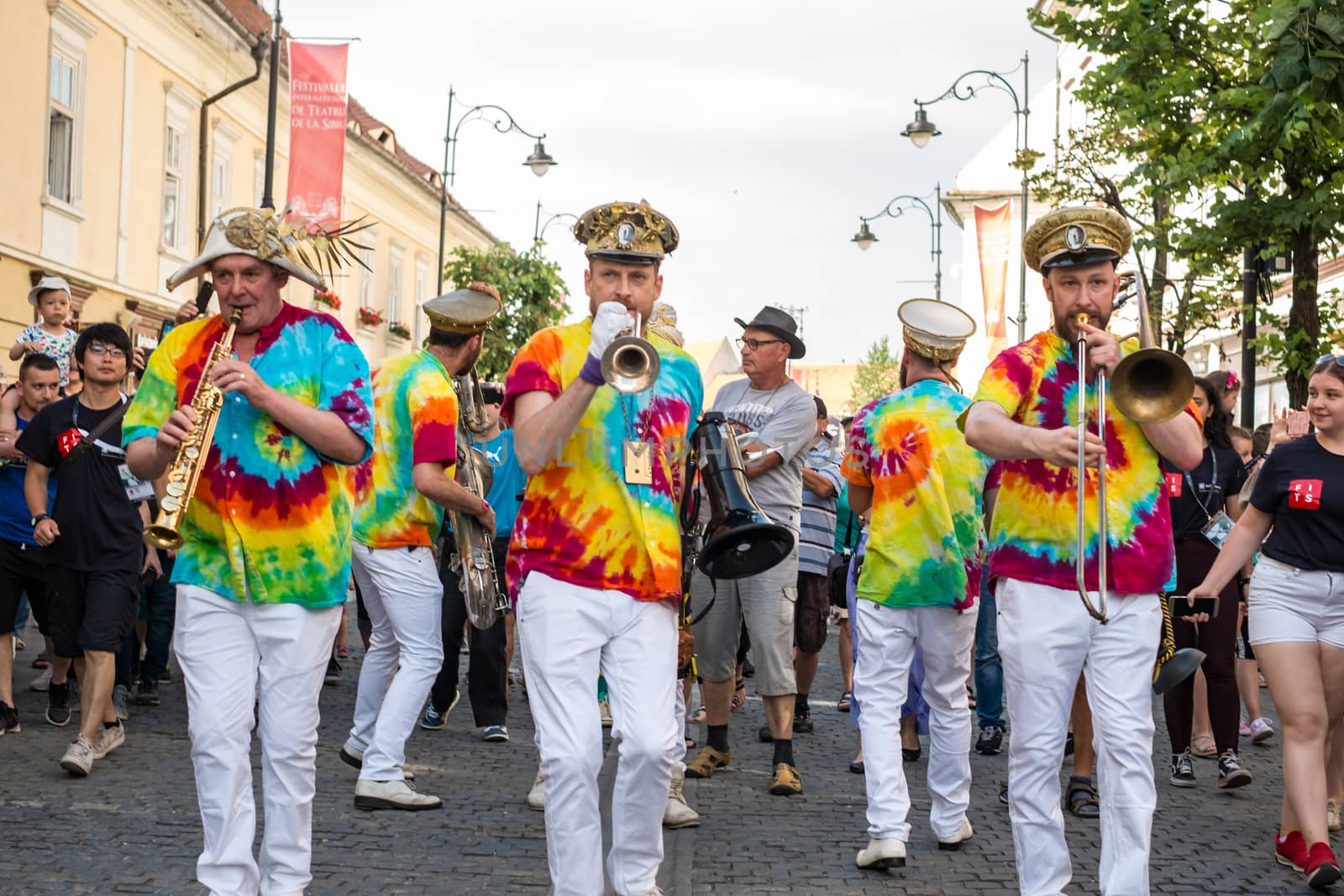 Sibiu City, Romania - 19 June 2019. Mr Wilson's Second Liners from UK, performing at the Sibiu International Theatre Festival from Sibiu, Romania.