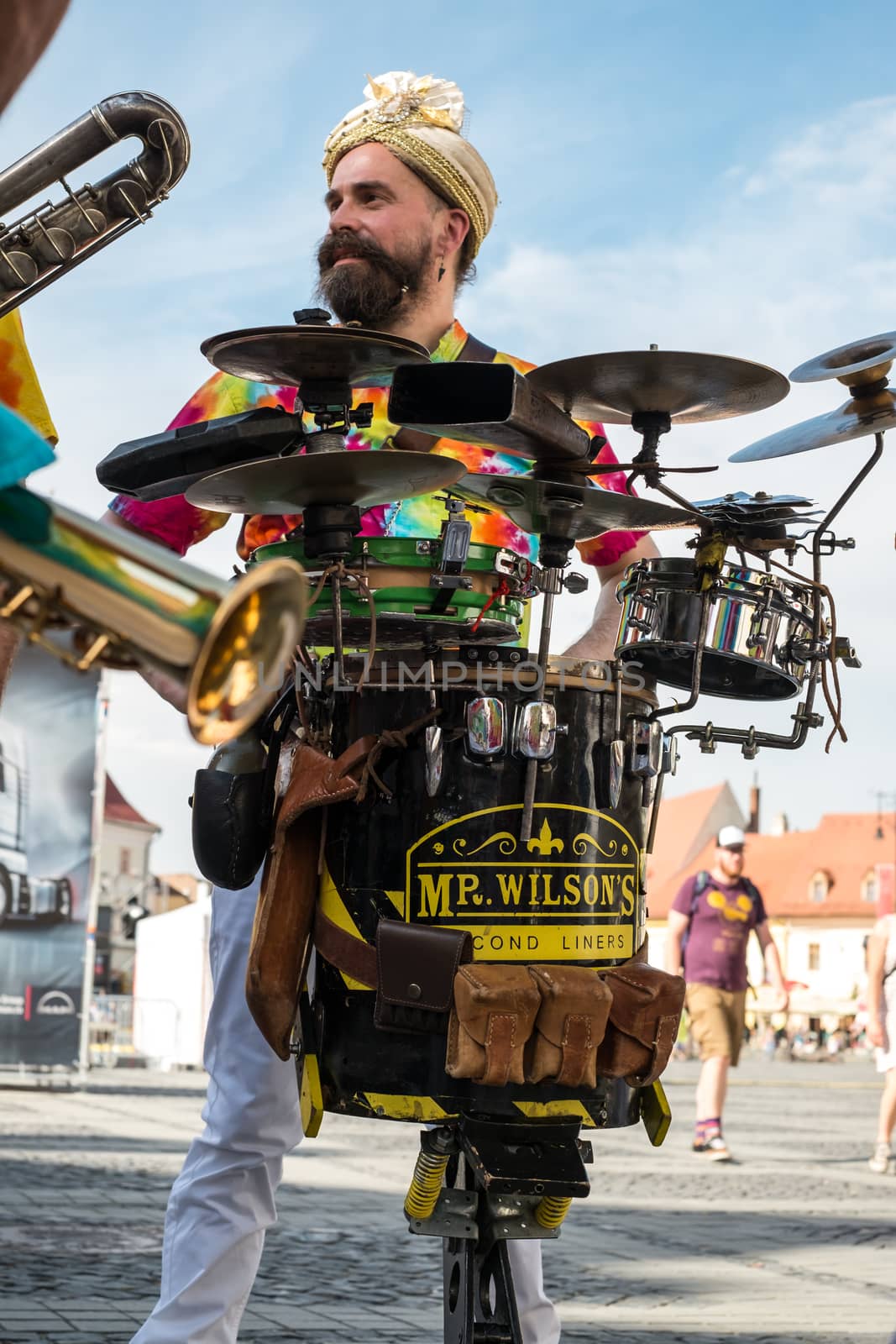 Sibiu City, Romania - 19 June 2019. Mr Wilson's Second Liners from UK, performing at the Sibiu International Theatre Festival from Sibiu, Romania.