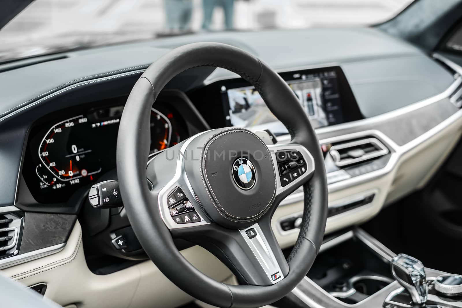 Sibiu City, Romania - 25 May 2019. inside view of the modern bmw car board