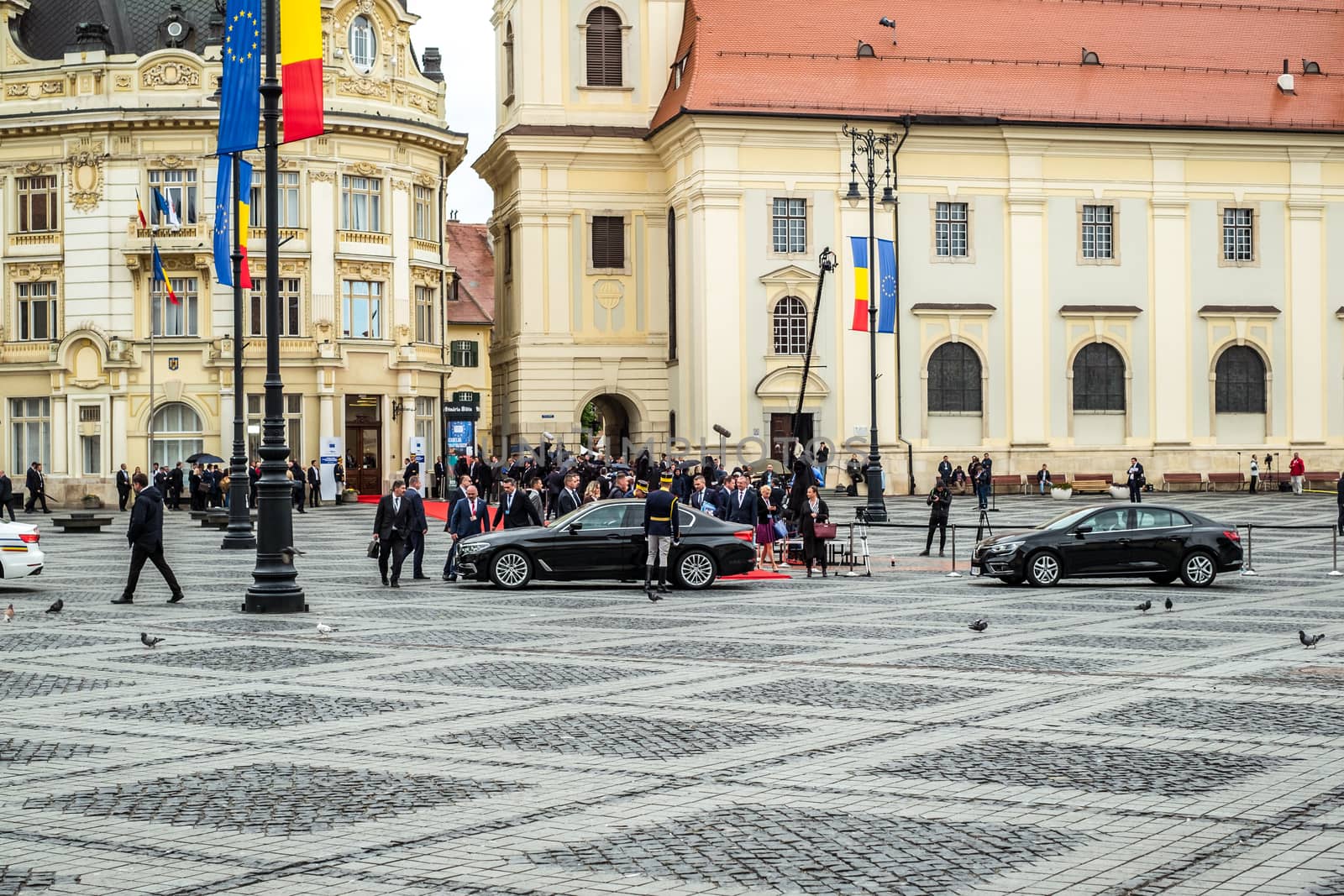 Sibiu City, Romania - 9 May 2019. European Officials entering the cars at Informal meeting of heads of state or government 2019 in Big Square  Sibiu, Romania