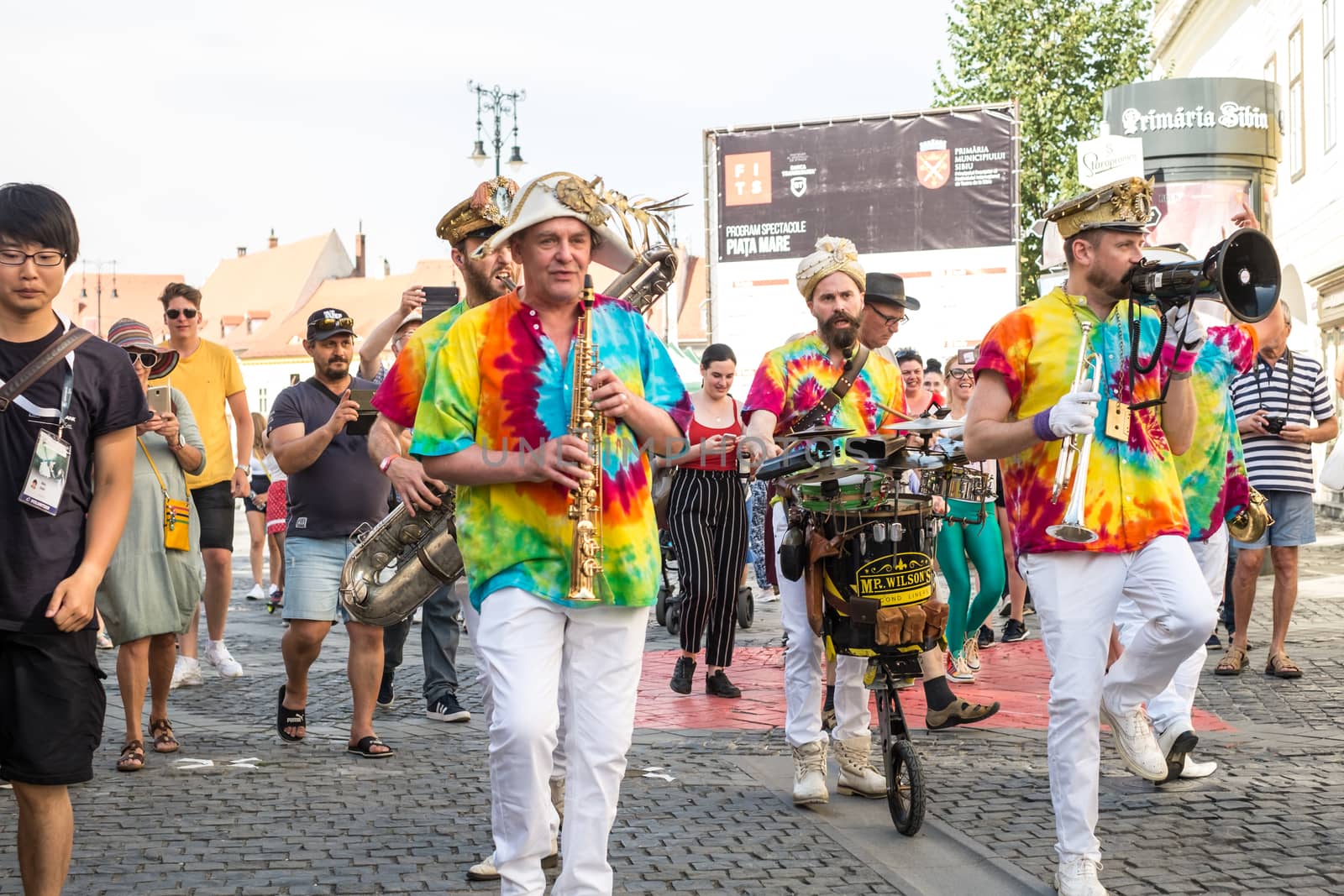 Sibiu City, Romania - 19 June 2019. Mr Wilson's Second Liners from UK, performing at the Sibiu International Theatre Festival from Sibiu, Romania.