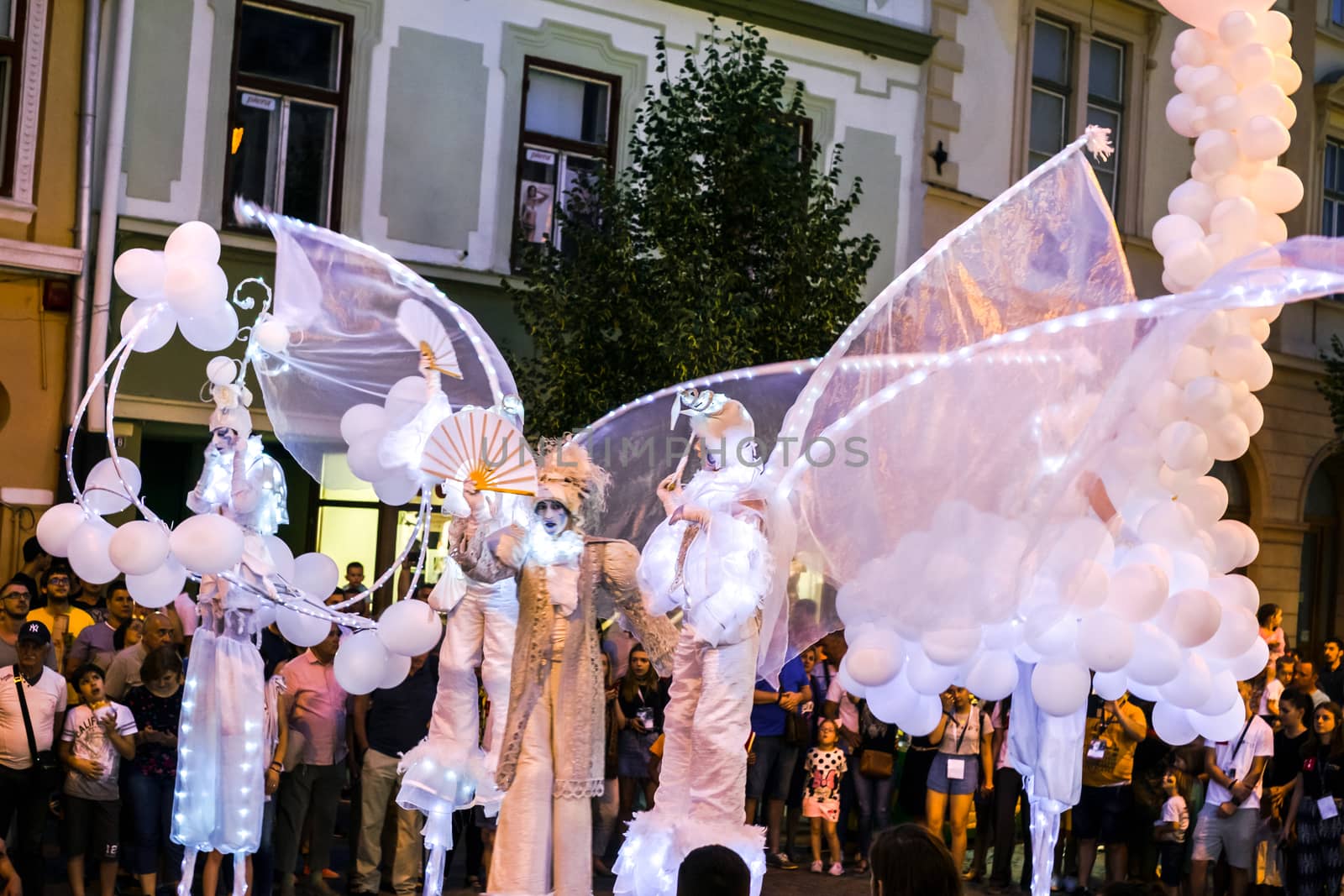 Sibiu City, Romania - 20 June 2019. Mademoiselle Paillette perform White World show in night at the Sibiu International Theatre Festival from Sibiu, Romania.