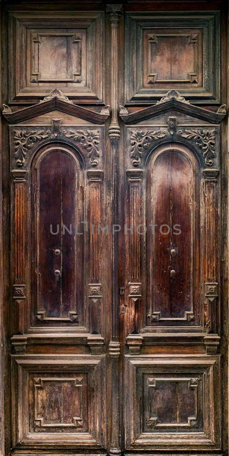Malaga, Spain - March 23, 2018. Old wooden door in Malaga city, Spain