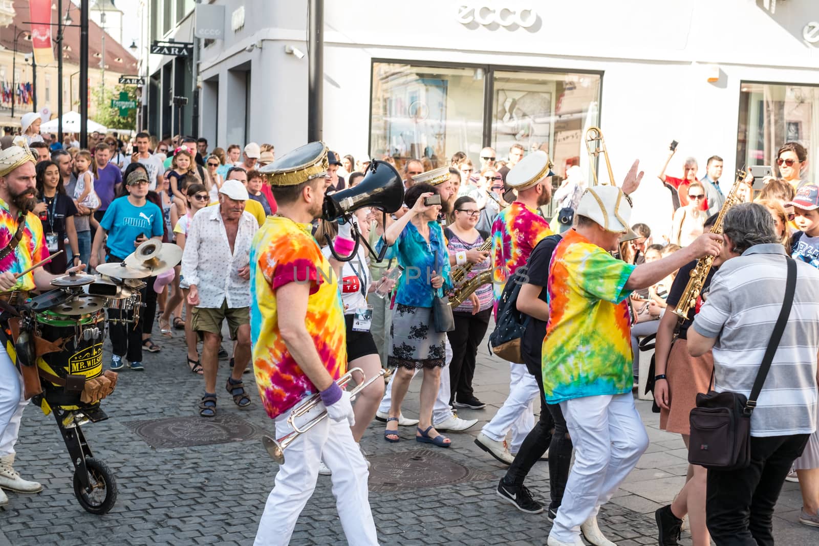 Sibiu City, Romania - 19 June 2019. Mr Wilson's Second Liners from UK, performing at the Sibiu International Theatre Festival from Sibiu, Romania.