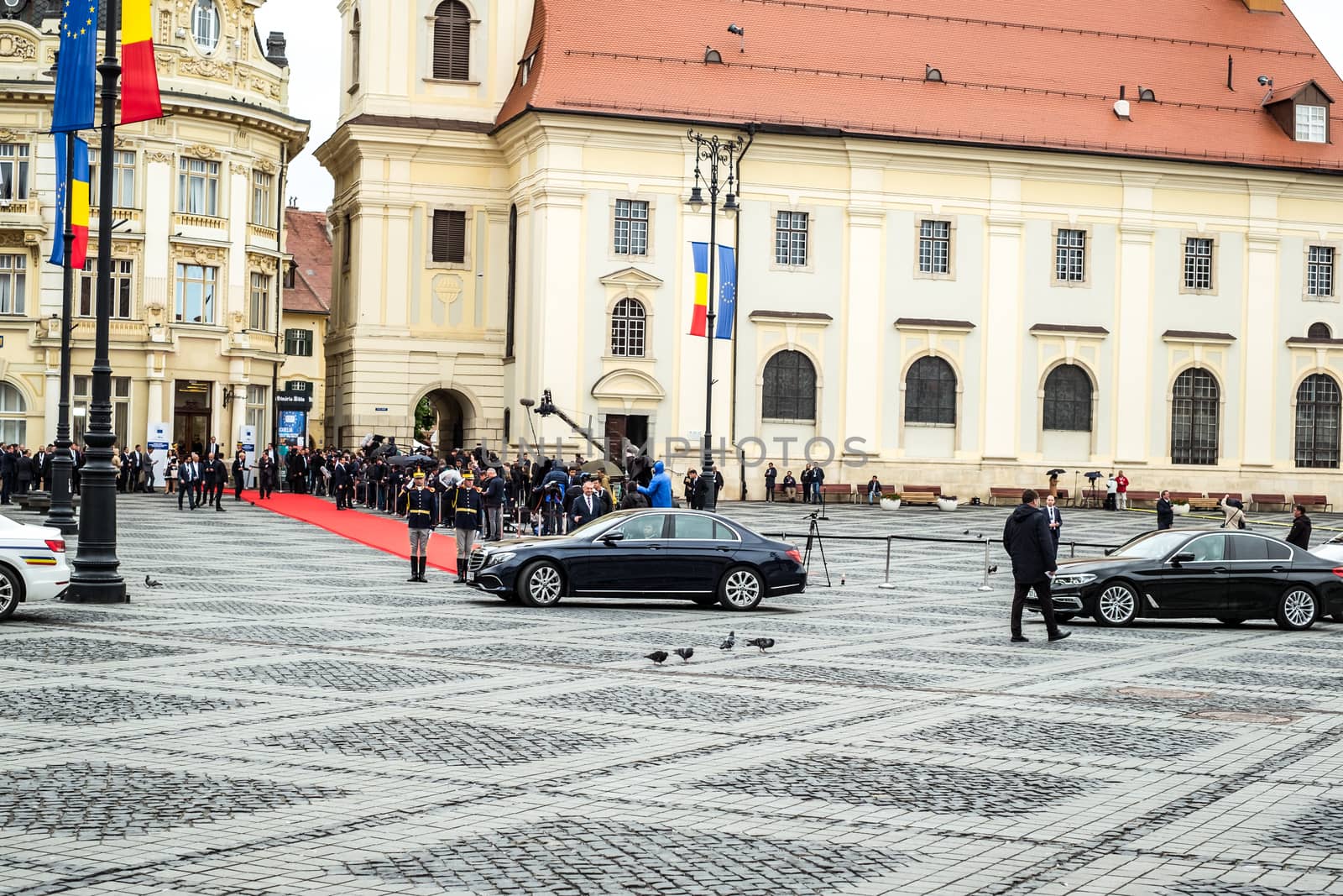 Sibiu City, Romania - 9 May 2019. European Officials cars at Informal meeting of heads of state or government 2019 in Big Square  Sibiu, Romania