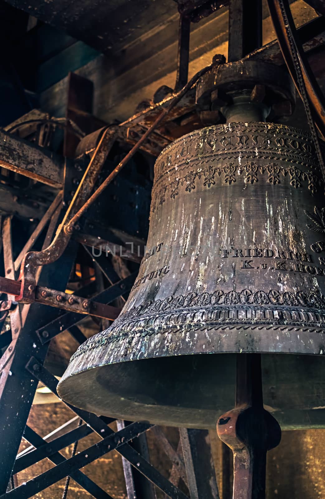 Sibiu, Romania - March 09, 2019. Old bell from Saint Mary Lutheran Cathedral in Sibiu city, Romania