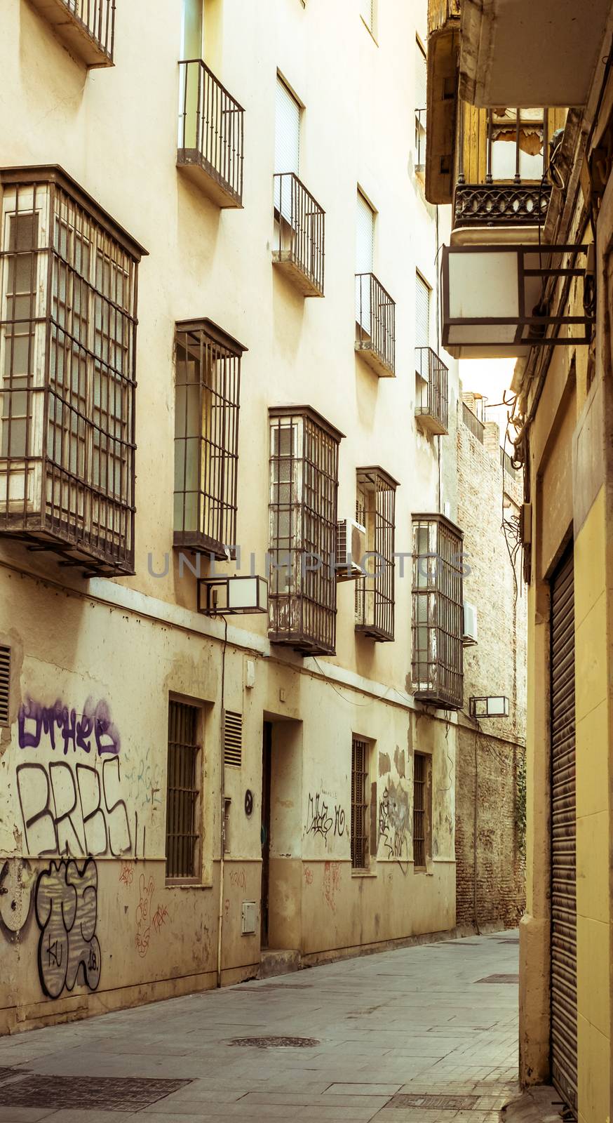 Malaga, Spain - August 06, 2018. Old street around the historic center,  Malaga city, Spain