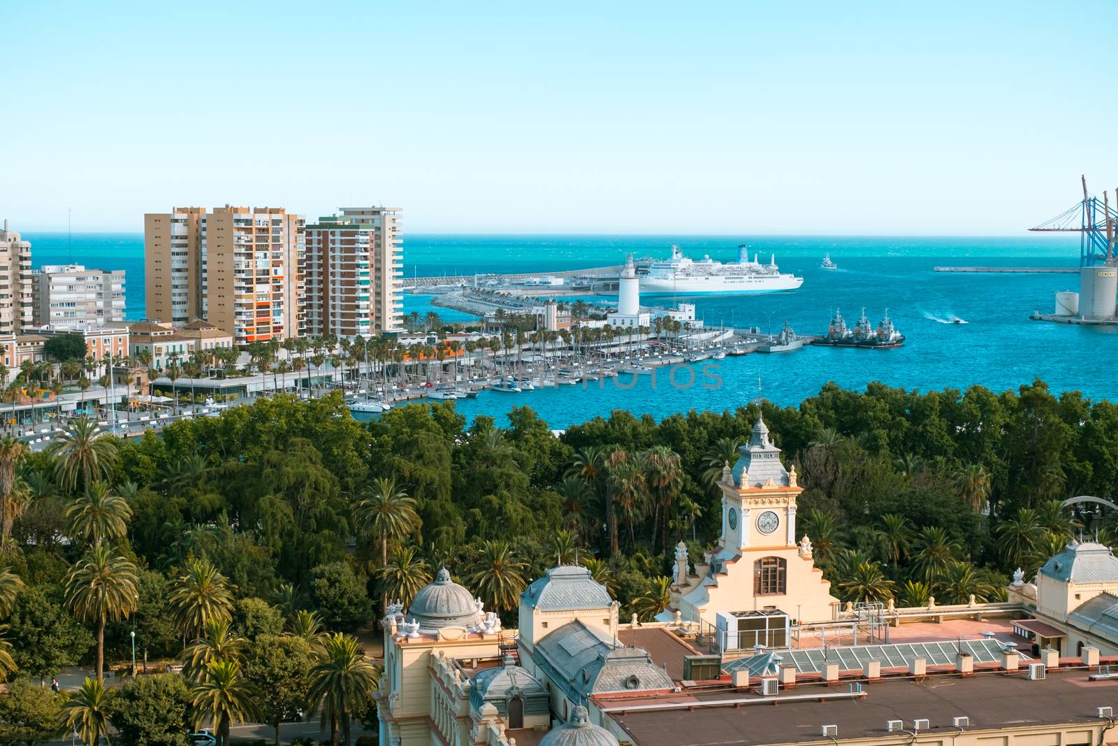 Malaga, Spain - July 01, 2018. Panoramic view of the Malaga city and harbor, Costa del Sol, Malaga Province, Andalucia, Spain, Western Europe