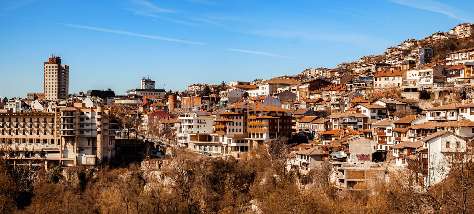 Veliko Tarnovo city, Bulgaria - March 24, 2017. Panoramic view over the city Veliko Tarnovo, Bulgaria