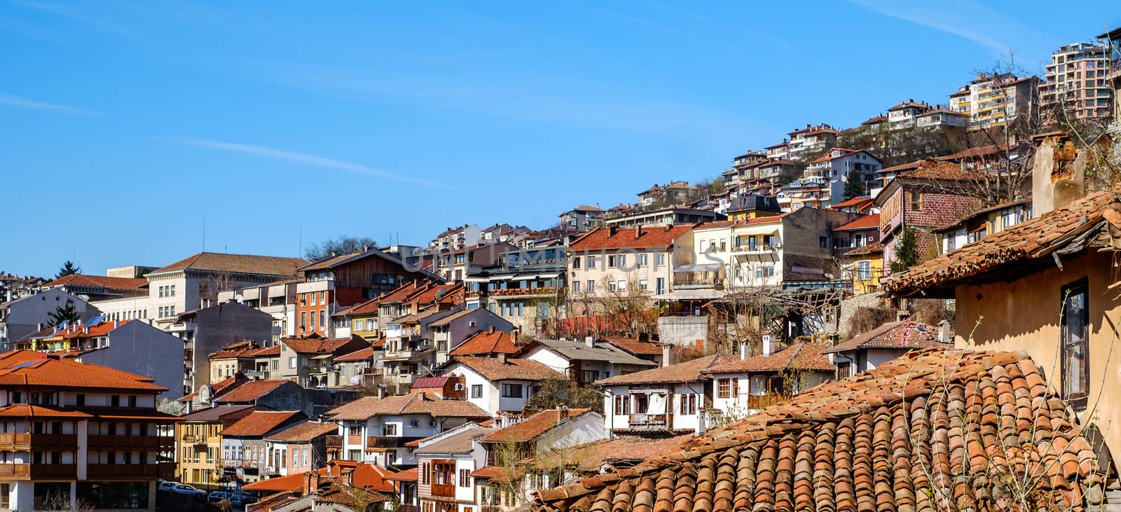 Veliko Tarnovo city, Bulgaria - March 24, 2017. Panoramic view over the old city