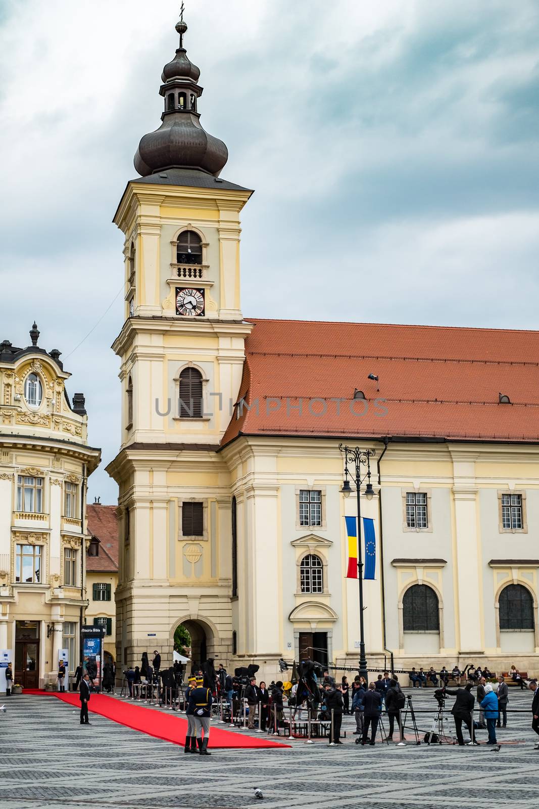 Sibiu City, Romania - 9 May 2019. Red carpet in the Big Square while waiting for the officials participants at the  Informal meeting of heads of state or government 2019 in Big Square  Sibiu, Romania
