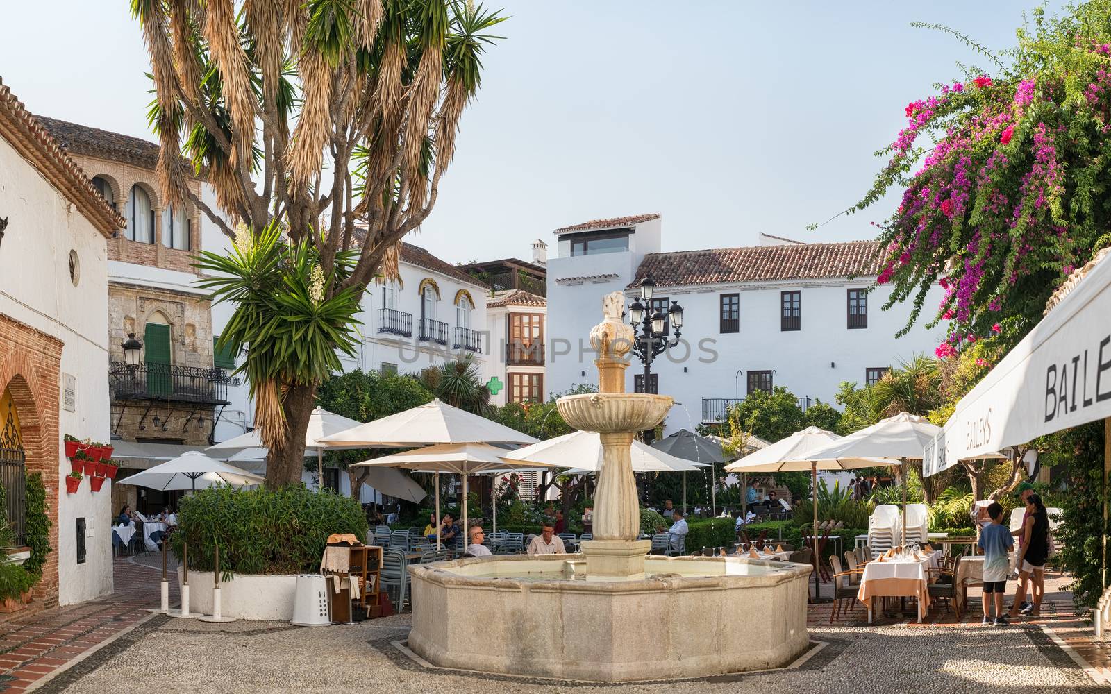 Marbella, Spain - August 26th, 2018. Plaza Fernando Alcala in the old town of Marbella, Spain. The plaza dates from 1485.