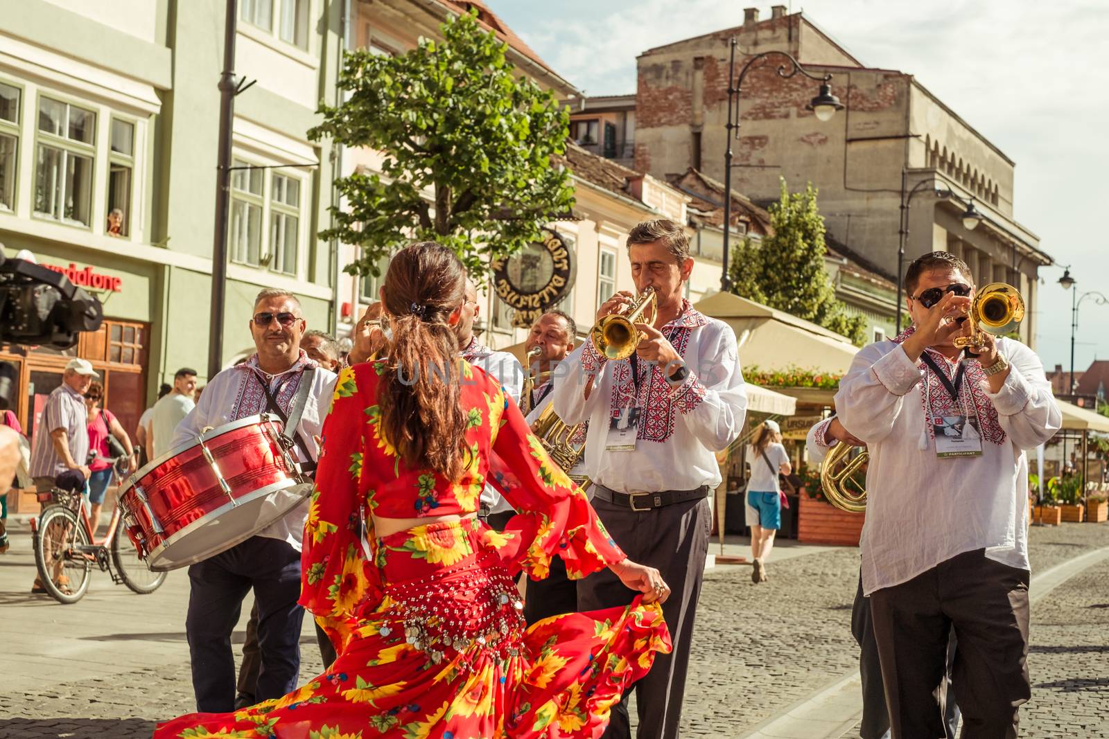Sibiu City, Romania - 19 June 2019. The Brass Band from Cozmeşti performing at the Sibiu International Theatre Festival from Sibiu, Romania.