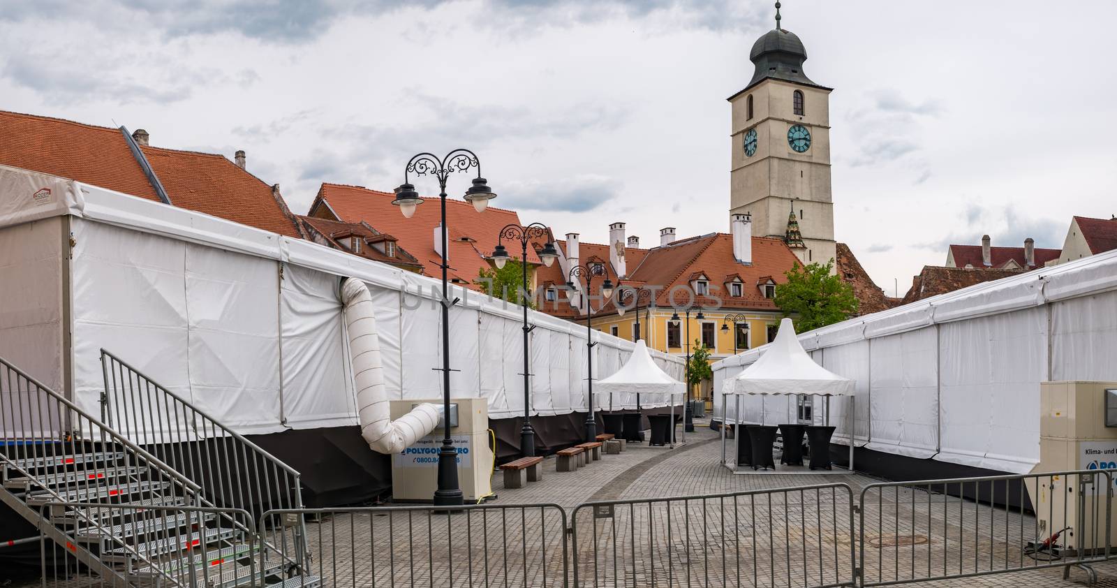 Sibiu, Romania - April 26, 2019  tents for mass media in Small Square at Informal meeting of heads of state or government 2019 in Small Square  Sibiu, Romania