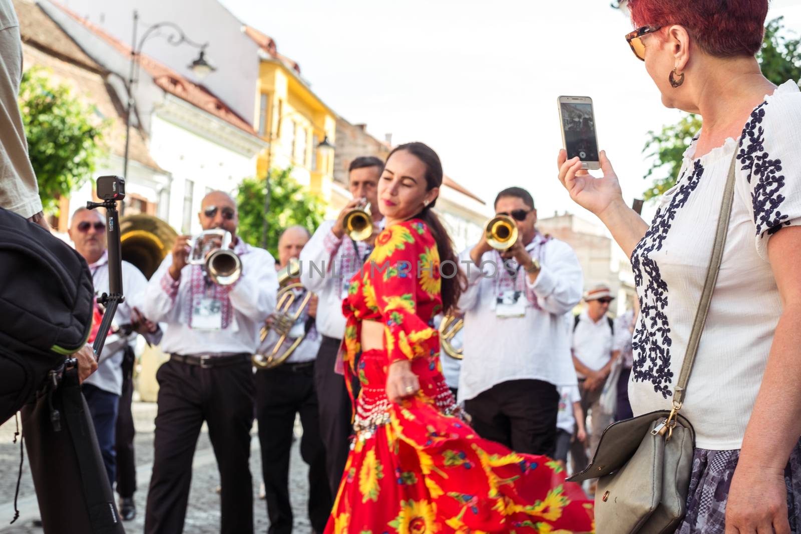 Sibiu City, Romania - 19 June 2019. The Brass Band from Cozmeşti performing at the Sibiu International Theatre Festival from Sibiu, Romania.