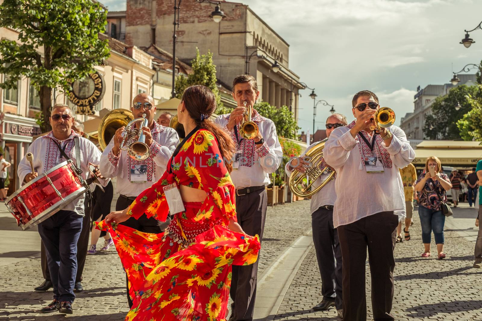 Sibiu City, Romania - 19 June 2019. The Brass Band from Cozmeşti performing at the Sibiu International Theatre Festival from Sibiu, Romania.