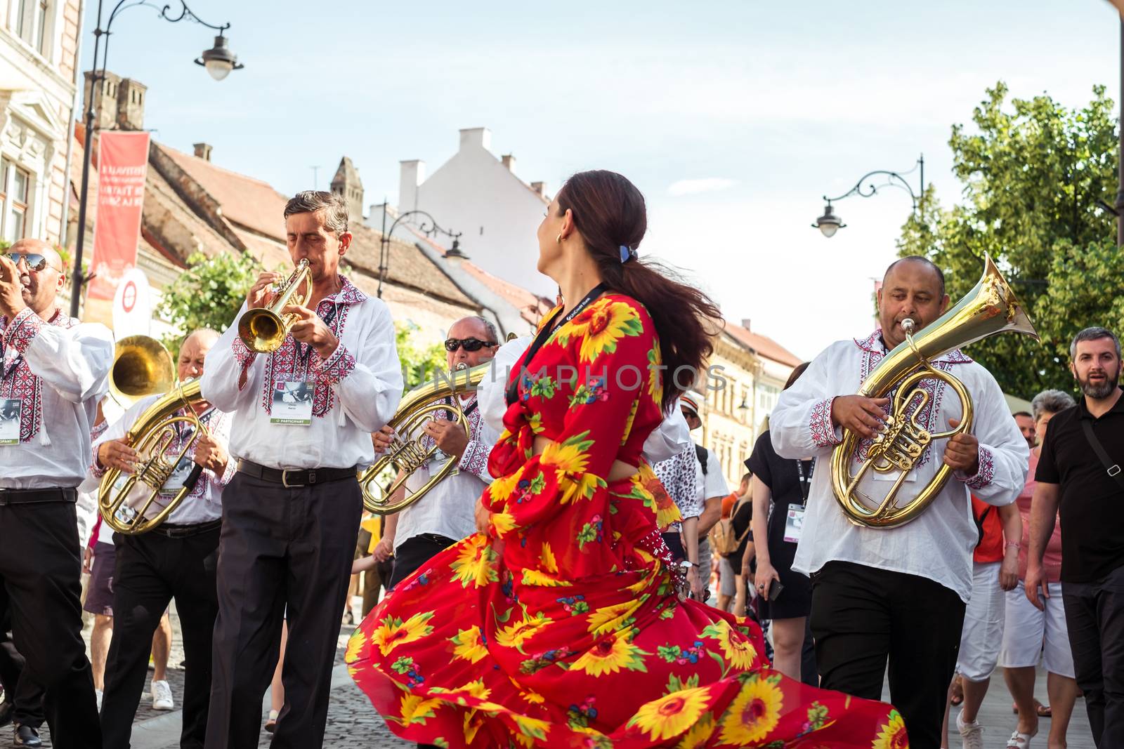 Sibiu City, Romania - 19 June 2019. The Brass Band from Cozmeşti performing at the Sibiu International Theatre Festival from Sibiu, Romania.