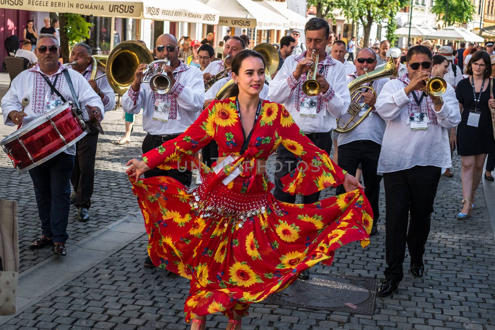 Sibiu City, Romania - 19 June 2019. The Brass Band from Cozmeşti performing at the Sibiu International Theatre Festival from Sibiu, Romania.